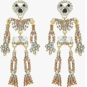 Dangling Skeleton Champagne Gold Rhinestone Earrings Halloween New CZ Skeletons